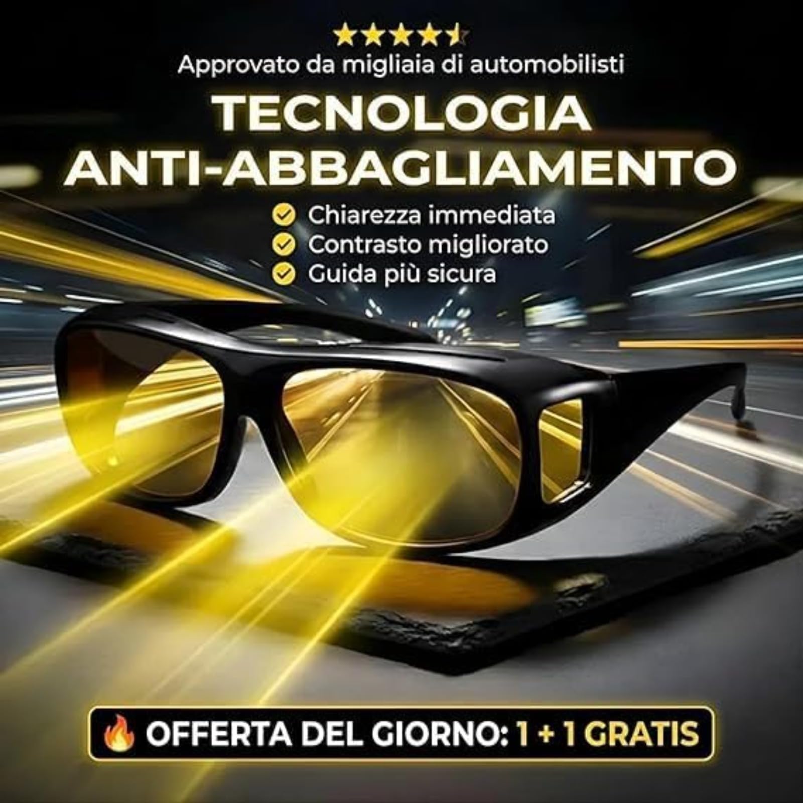 Ownmaxx Orleea Occhiali Visione Notturna,Occhiali Guida Notturna Polarizzati, Anti Abbagliamento,Da Indossare Sopra Occhiali Da Vista,Per Notte Pioggia Neve (Giallo)