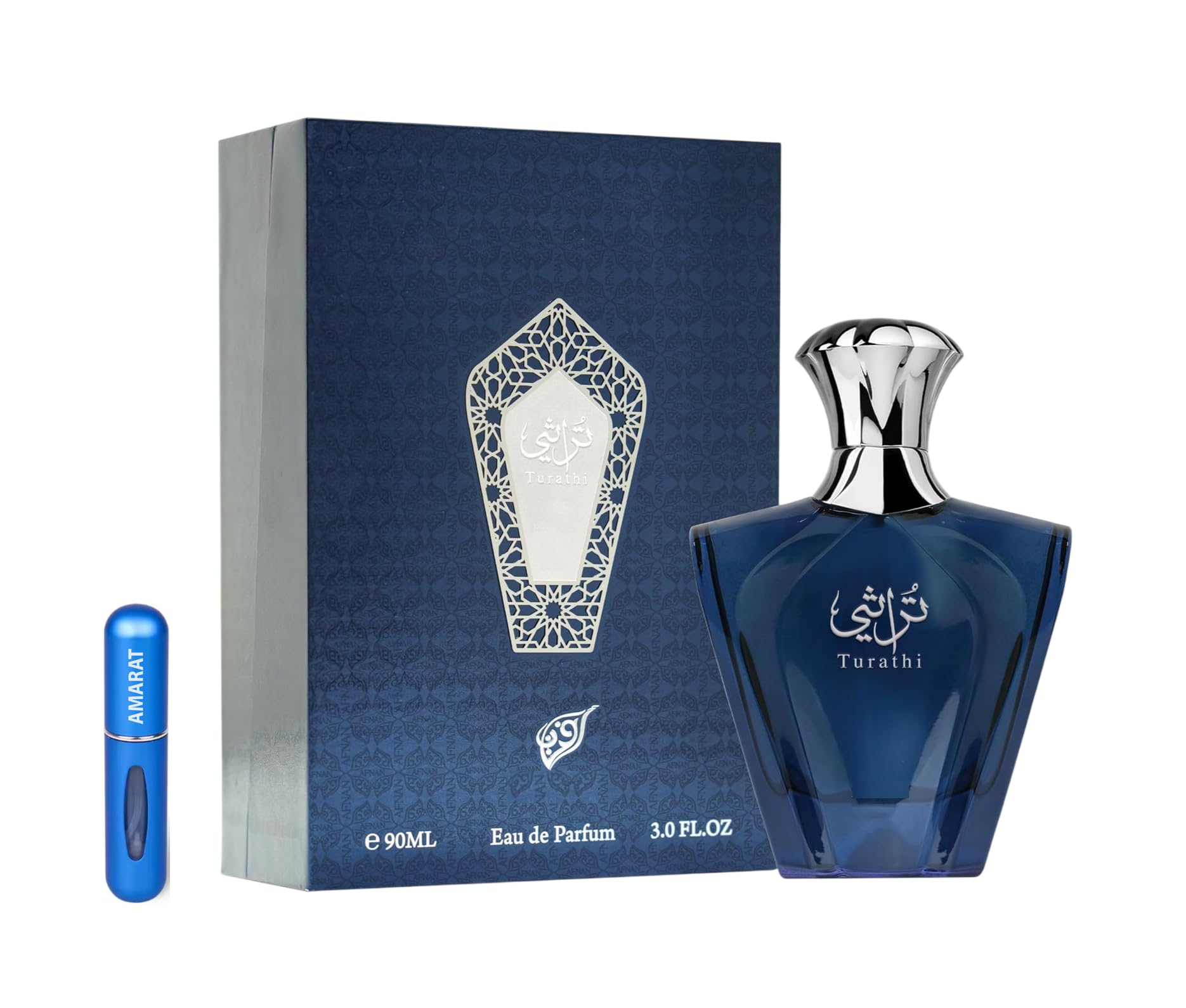 Turathi Blue Eau de Parfum 90ml, Perfume Árabe para Hombre de Larga Duración, Incluye Atonizador Recargable, Fragancia Oriental con Notas de Bergamota, Mandarina, Ámbar y Maderas Nobles (Turathi Blue)
