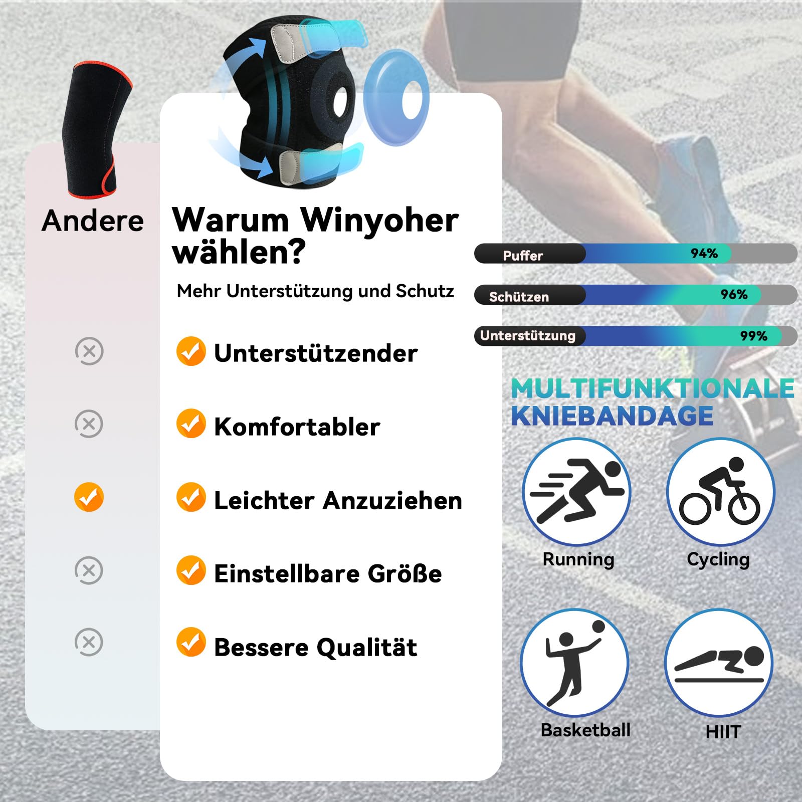 Kniebandage Männer Damen- Verstellbare Kniebandage Meniskus, Arthrose, Arthritis, ACL- Bandage Knie mit Stabilisatoren &Patella Pads, Atmungsaktiv Kniestütze für Sport Knieschmerzen Knee Support