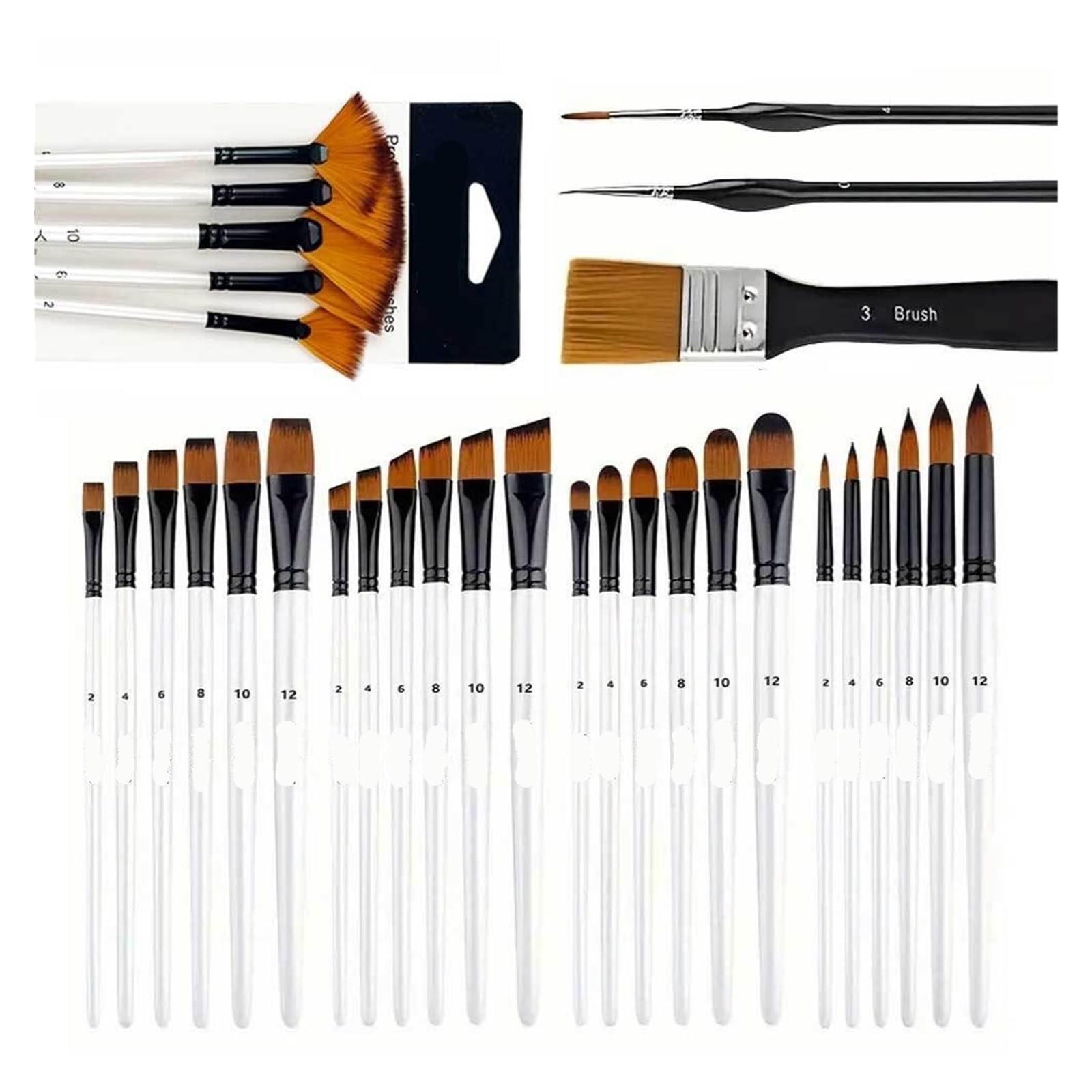 Ensemble de 32 pinceaux d'artiste Blancs – Pinceaux Ronds, angulaires, Plats, en éventail et détail. Multifonctionnel for Acrylique, Huile, Aquarelle, Gouache