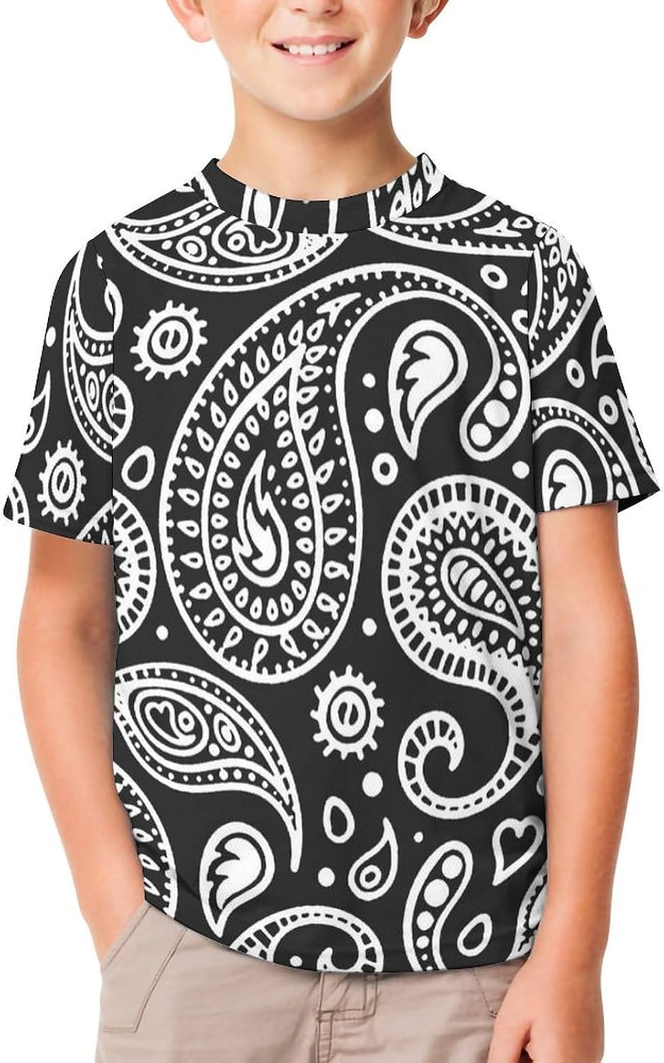 Black White Bandana Paisley T Shirt for Boy Girl Top Short Sleeve T-Shirt Graphic Tee
