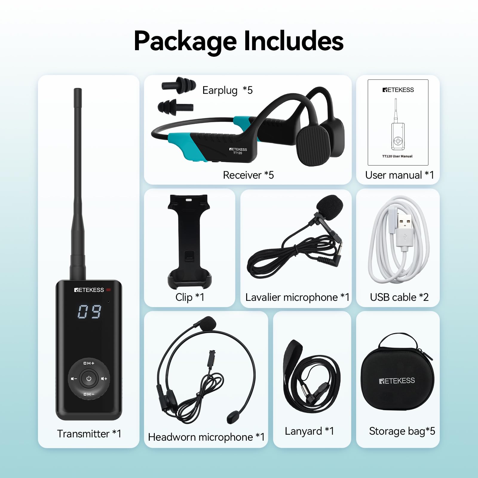 Retekess TT120 Comunicador Para Entrenadores de Natación, Auriculares de Natación Impermeables IP68, Conducción Ósea, Para Guiar el Entrenamiento,Club de Natación, (1 Transmisor, 5 Receptores)