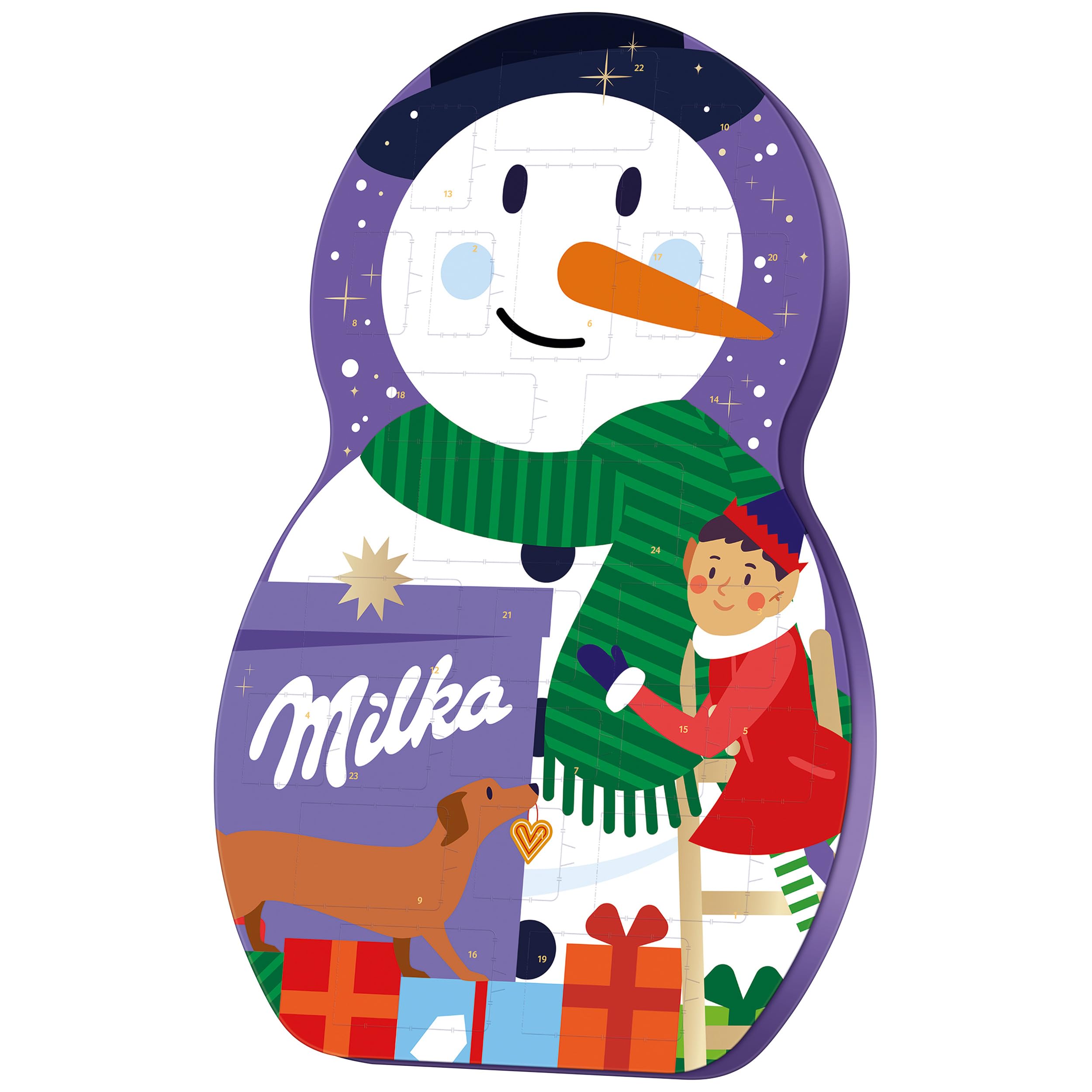 Milka Snow Mix Calendario de Adviento – Colorido calendario de Navidad con chocolate – bolas y figura de muñeco de nieve relleno – 236 g