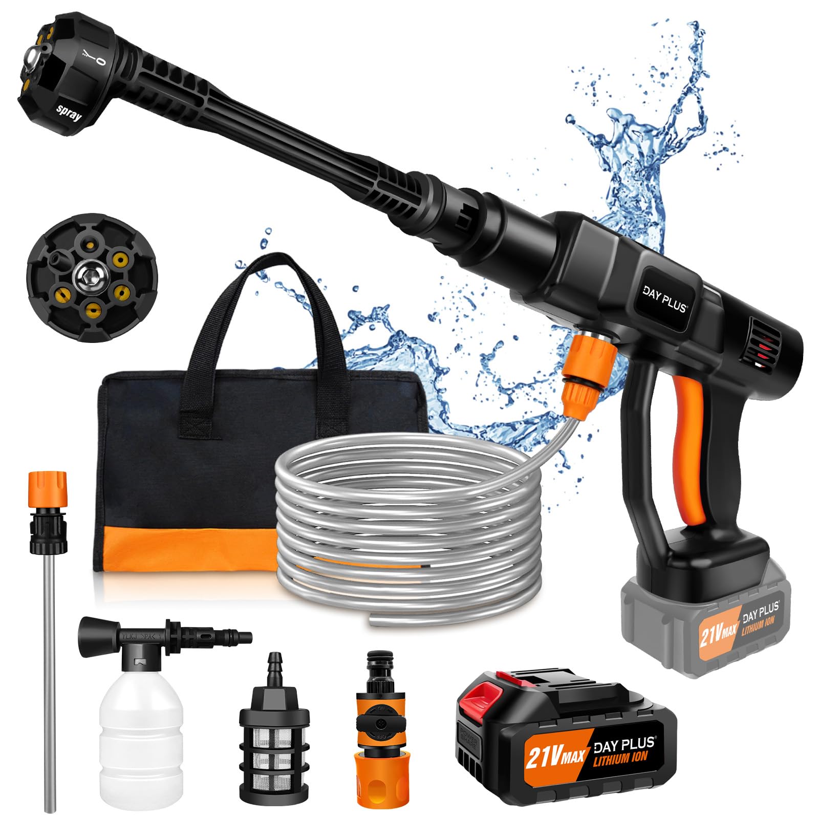 Cordless Pressure Washer Car Wash Machine, 21V 60 Bar/870 PSI Portable High Pressure Water Gun with 3.0Ah Battery, Car Wash Spray Gun with Foam Generator, Water Gun Spray Cleaner Car Washing Machine