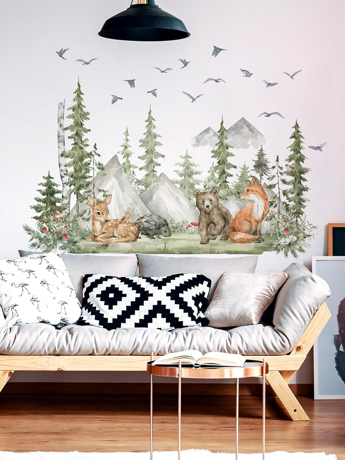Giant Woodland Jungle Animal Wall Stickers - Forest Tree Deer Bear Mountain Landscape Decals Peel&Stick Removable Art Mural for Kid Nursery Bedroom Living Room Playroom,96 cm x 150 cm