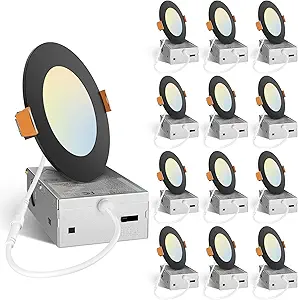 Amico 12 Pack 4 Inch 5CCT Ultra-Thin LED Recessed Ceiling Light with J-Box, 2700K/3000K/3500K/4000K/5000K Selectable, 11W Eqv 70W, Dimmable Canless Downlight, 800LM High Brightness, Black - ETL
