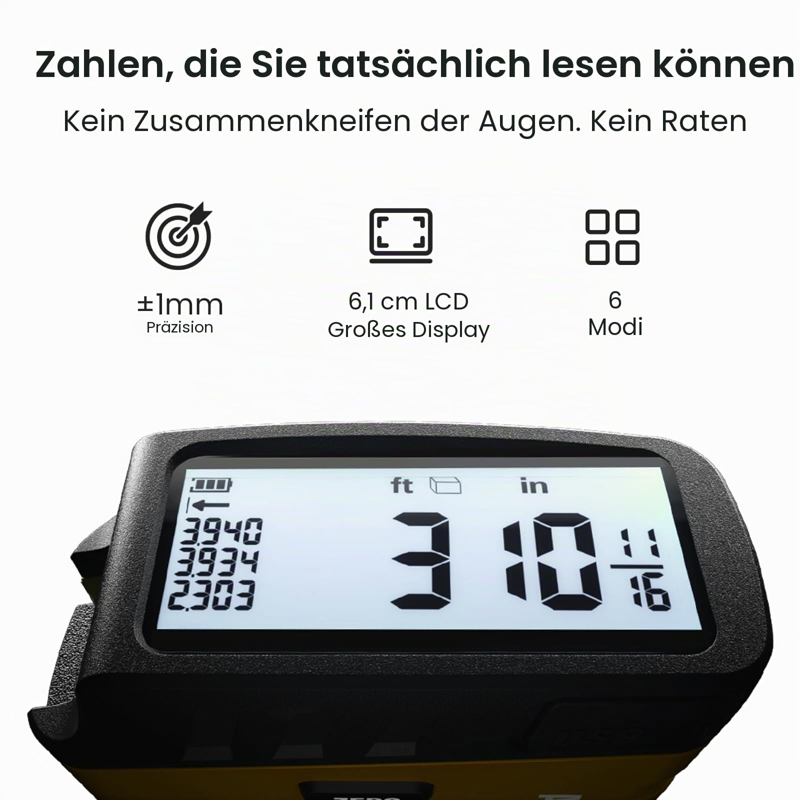 ACPOTEL DT20 Digitales Maßband 5M – 6 metrische & imperiale Einheiten, einstellbares einziehbares Digitalmessband mit Bruchanzeige 1/16, wiederaufladbares Messgerät für Entfernung/Fläche/Volumen, Gelb