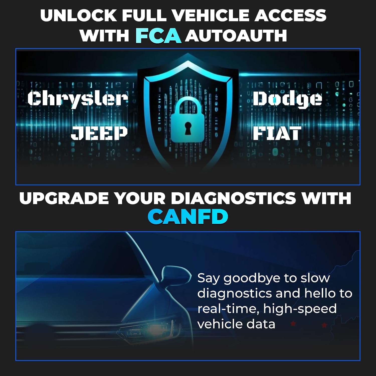 Graphics illustrating FCA AutoAuth for Chrysler, Dodge, Jeep, Fiat and CAN-FD protocol support.