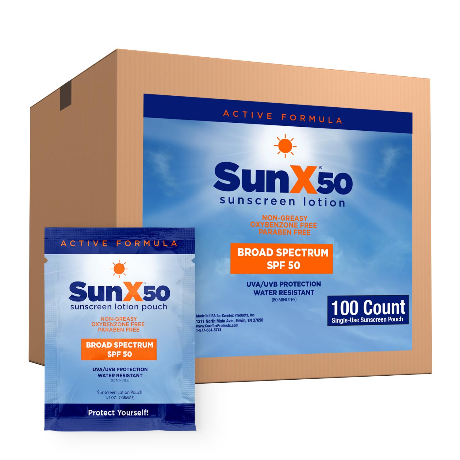 CoreTex Sun X 50 SPF Broad Spectrum Sunscreen Packets, Bulk Pack of 100, Paraben and Oxybenzone Free, Water Resistant