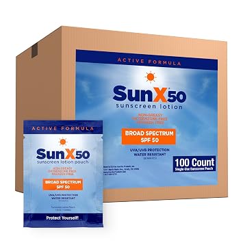 CoreTex Sun X 50 SPF Broad Spectrum Sunscreen Packets - Bulk Pack of 100 Paraben, Oxybenzone, Octinoxate, Oil Free Sunscreen - No White Cast and Water Resistant Up to 80 Minutes