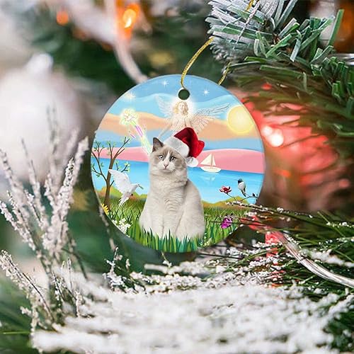 Miniatura 4 de Divertido adorno de Navidad 2023-Angel Loving a Ragdoll Gatos con sombrero de Papá Noel de Navidad, regalo de vacaciones, adorno redondo para árbol