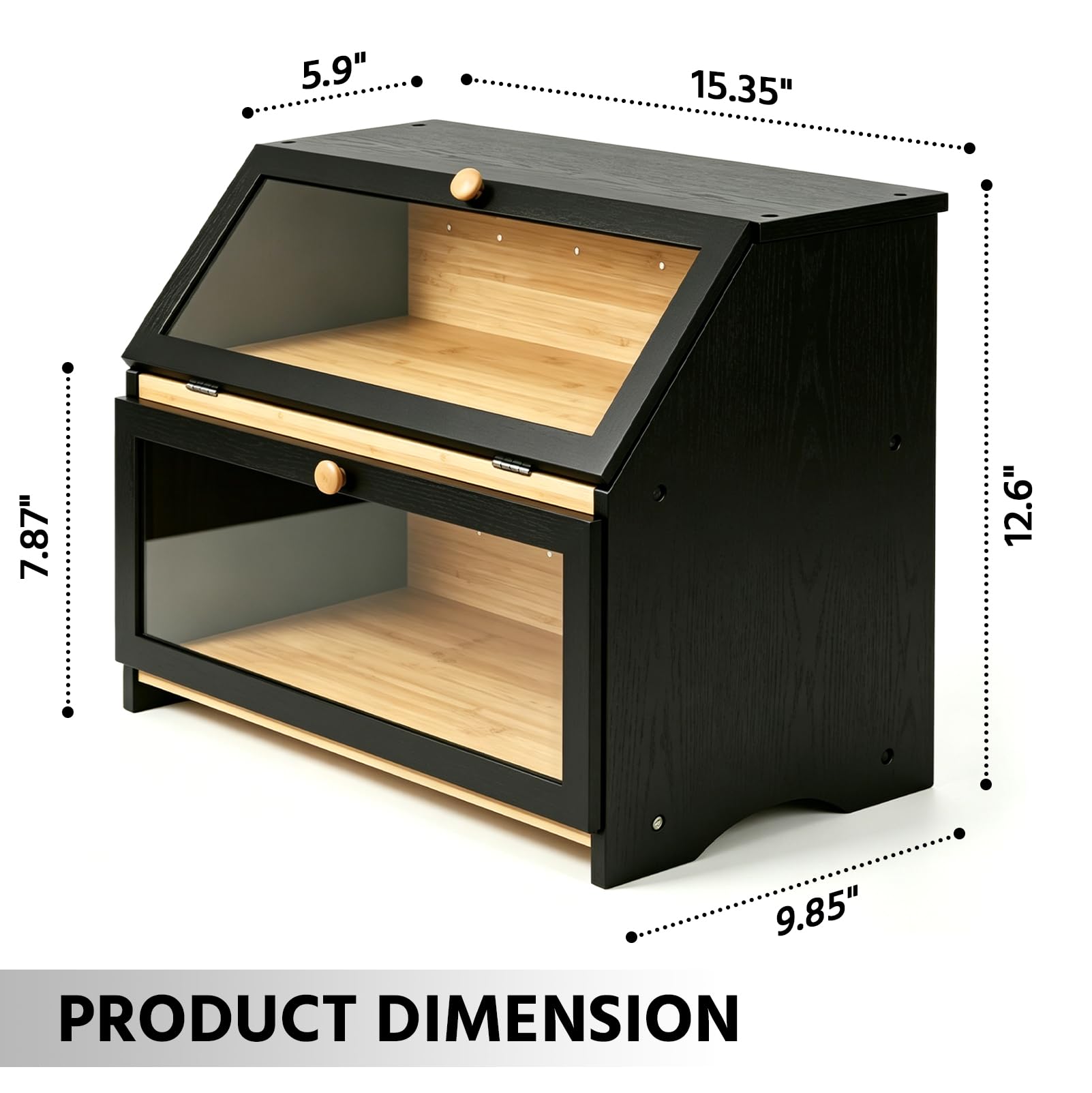 Panera de Bambú de 2 Niveles con Ventana Visible, Caja Grande para Almacenar pan y Tostadas, Botellas de Verduras y Especias del Gabinete de Pan, 39 x 25 x 32 cm (largo x ancho x alto), Negra