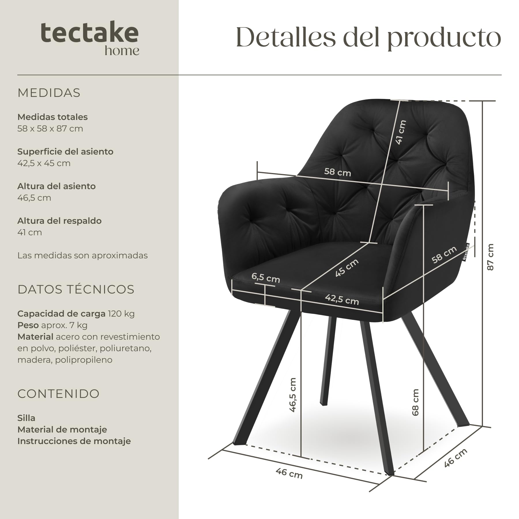 tectake® Silla Giratoria de Terciopelo, Diseño Acolchado, Sillas de Comedor con Patas de Acero, Amplio Asiento, Respaldo Continuo, Giro 180°, Sillas Cocina, Sillas Comedor - 1 Silla Negro