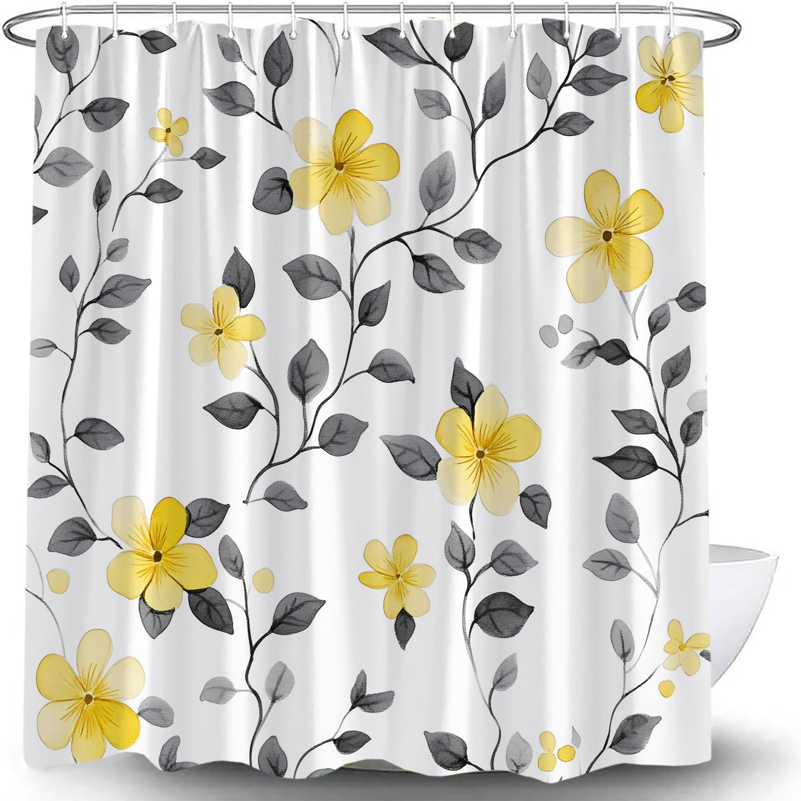 UPUMKSK Watercolor Flower Shower Curtain Yellow Gray Floral Plant Modern Minimalist Farmhouse Country Botanical Bath Curtain with Hooks