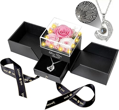 Miniatura 23 de DRTINA Collar de tres rosas champán reales preservadas con alas de ángel "I Love You", flores eternas, regalos de cumpleaños para mujeres, esposa