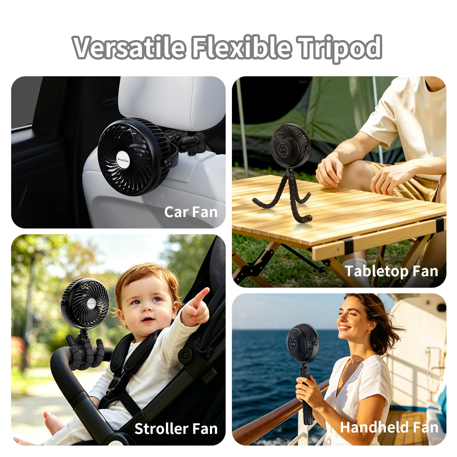 Socool - Ventilador portátil de coche de 5000 mAh, funciona con pilas, 3 velocidades, ventilador de clip para asiento de coche para bebés y niños, mini ventilador de cochecito, rotación de 360° para