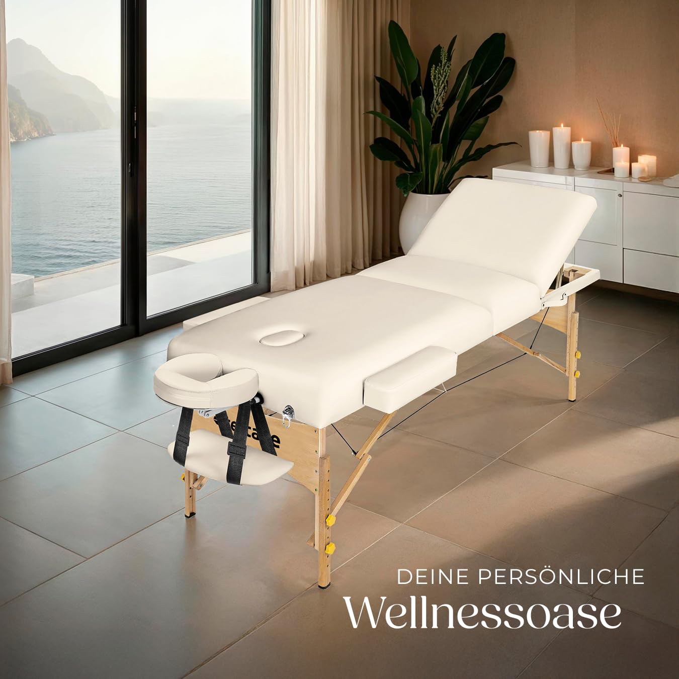 tectake® Mobile Massageliege mit 3 Zonen, klappbar, mit 7,5 cm Polsterung, bis 250 kg belastbar, Massagebank mit Zubehör Tasche, Voll- und Halbrolle, mobiles Möbel für Massage - beige