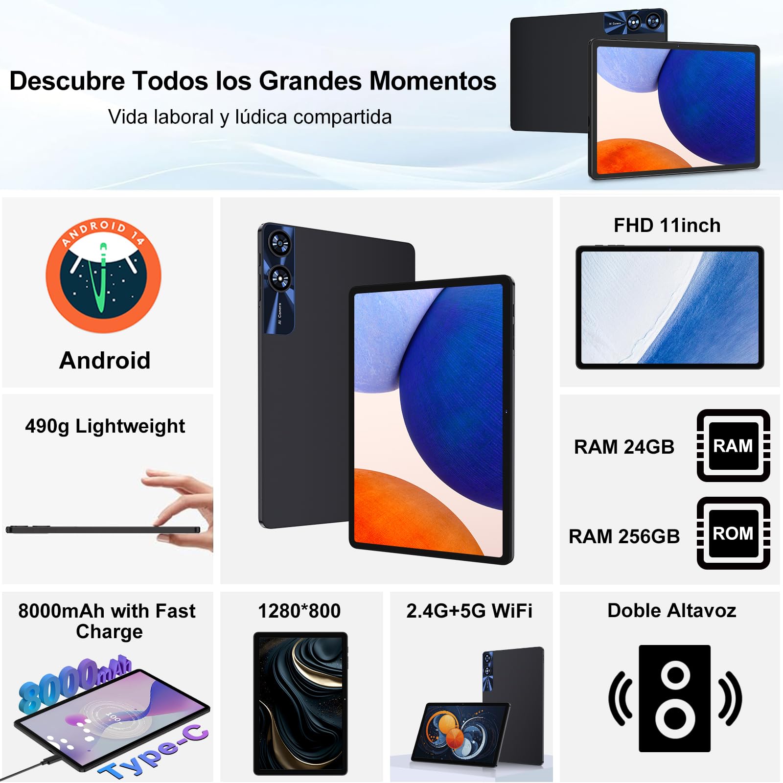 Tablet 11 Pollici Android Tablet con 24GB RAM + 256GB ROM(TF/2TB), Octa-Core 2.0 GHz, 2.4G/5G WiFi, Bluetooth 5.0, Widevine L1, 8000mAh, 5MP+13MP, 1280 * 800 Pixels FHD, Touch Screen con Case - Negro