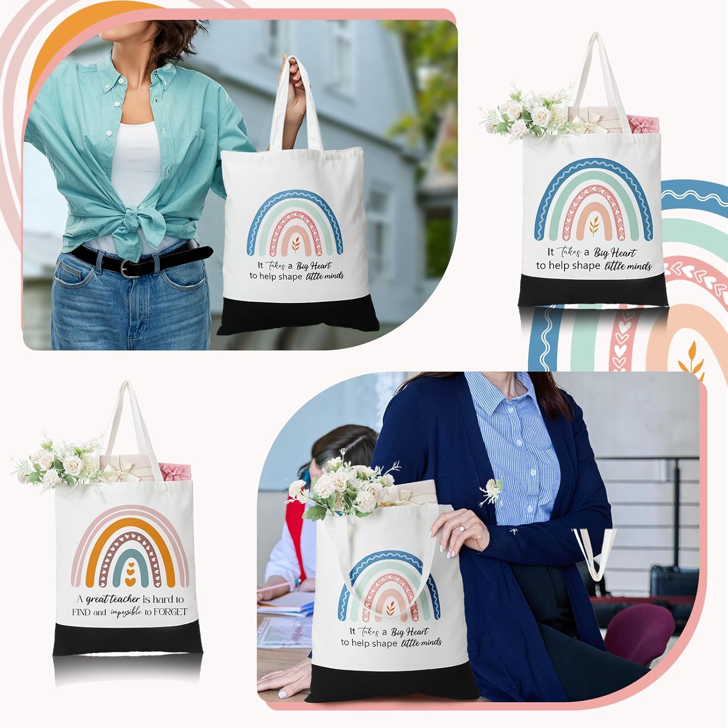 Aliceset 6 Pcs Valentine's Day Teacher Appreciation Gifts Teacher Tote Bag for Women Canvas Tote and Makeup Bag Thank You Gifts Reusable Retirement from Student - Image 5