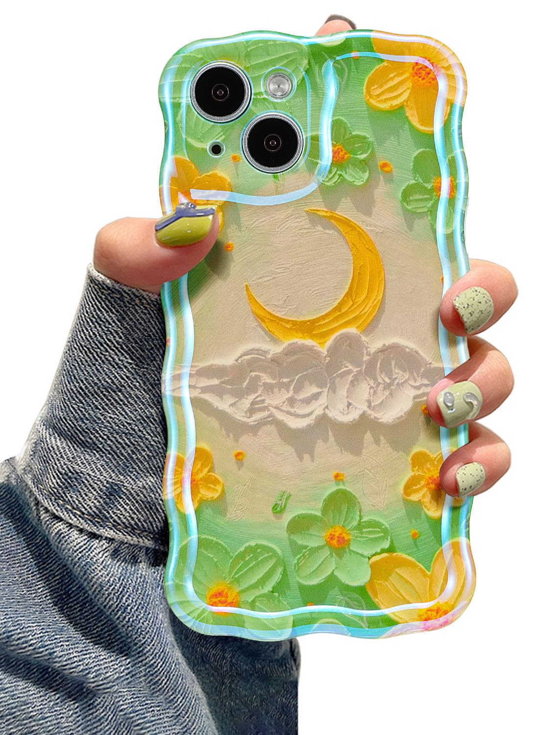 EYZUTAK Case for iPhone 13, Colorful Retro Oil Painting Flower Moon Pattern Laser Cute Curly Wave Edge Exquisite Phone Cover Stylish Durable TPU Protective Case for Girls Women - Moon/Green