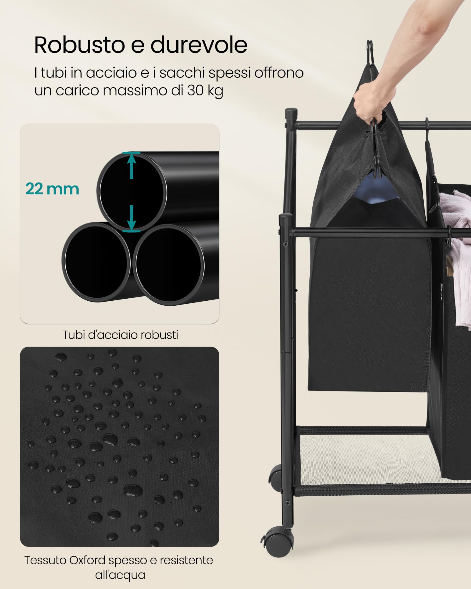 Cesto portabiancheria a 3 sezioni, 180 l, con ruote bloccabili e