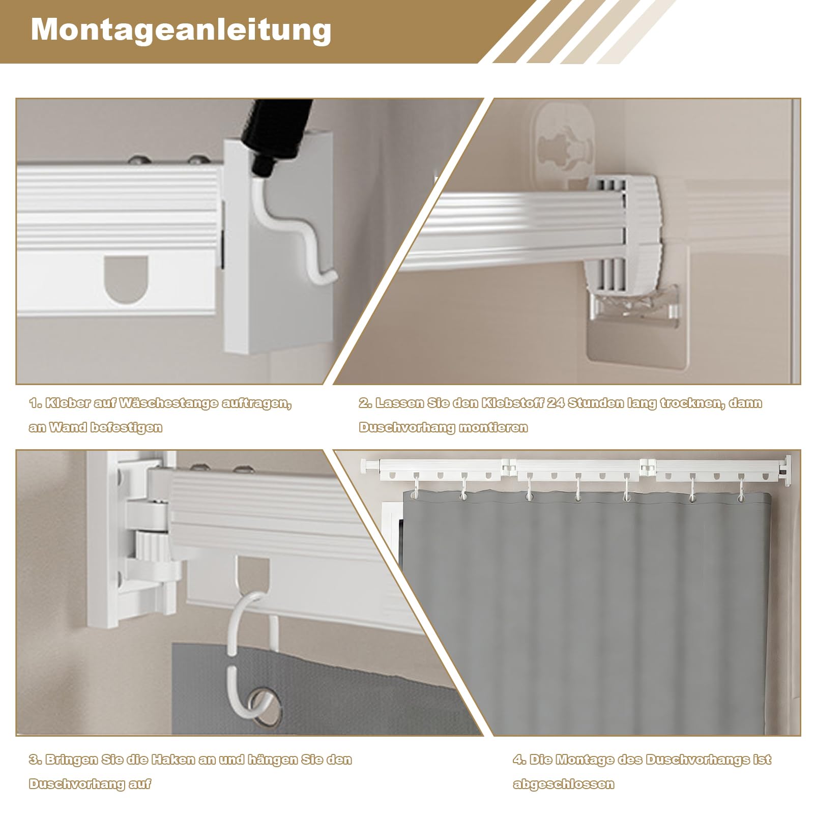 Barra de cortina de ducha plegable sin necesidad de taladrar, plegable en 4 posiciones y giratoria, aleación de aluminio, con 180 x 200 cm, cortina de ducha impermeable antimoho, para baño (blanco