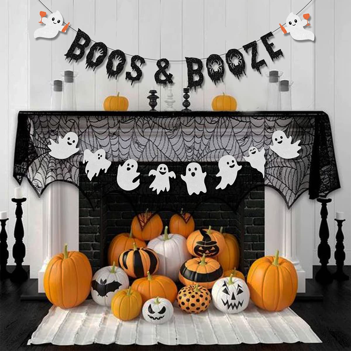 Set Decorazione Halloween Boos & Booze - Banner Con Lettere E Ghirlanda Di Fantasmi Glitterati, Tema Horror Divertente