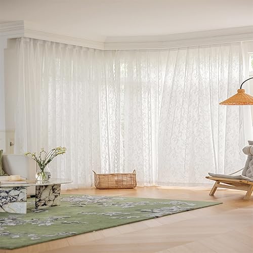 Miniatura 4 de Cortinas semitraslúcidas de encaje blanco de 54 pulgadas de largo, juego de 2 paneles de cortinas plisadas florales para ventana, dormitorio, sala