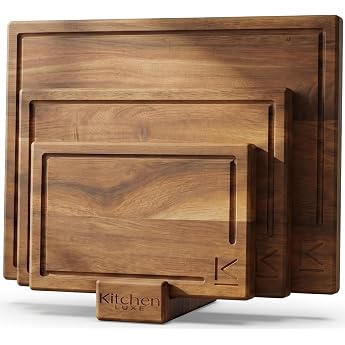 Set of 3 Natural Acacia Wood Chopping and Chopping Boards with Holder - Wooden Board Kitchen Wooden Chopping Board Set Acacia Wood Chopping Board Wooden Boards for Kitchen Large Medium and Small
