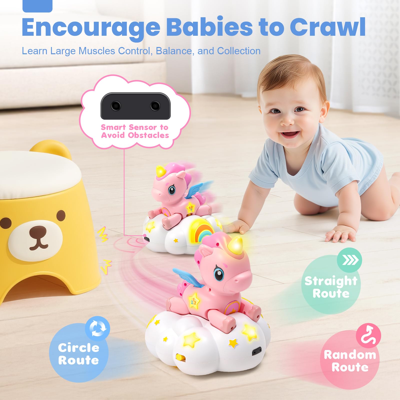Duchong Toys for 1 Year Old Girls, Unicorn Crawling Toys with Music & Light for Babys 6-12 Month, Sensory Development for Tummy Time, First 1st Gifts for Infants 7 8 9 10 11 12 18 Months Boys Girls