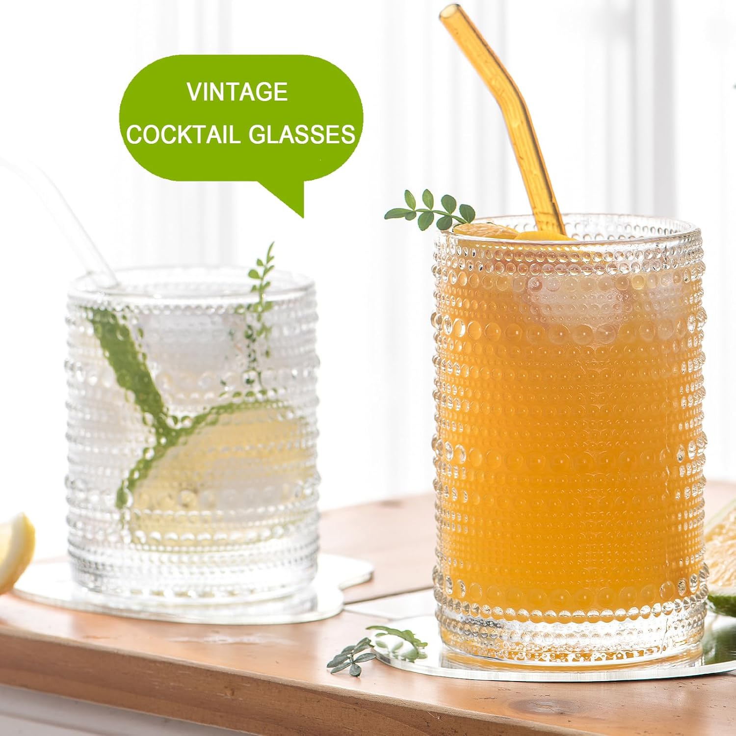 Vintage Hobnail Drinking Glasses - Set of 12 Cocktail Glassware - 6 Pcs Jupiter Water Cups 14 oz & 6 Pcs Cute Beaded Bubble Textured Drinkware 11 oz for Wine Beer Juice Whiskey