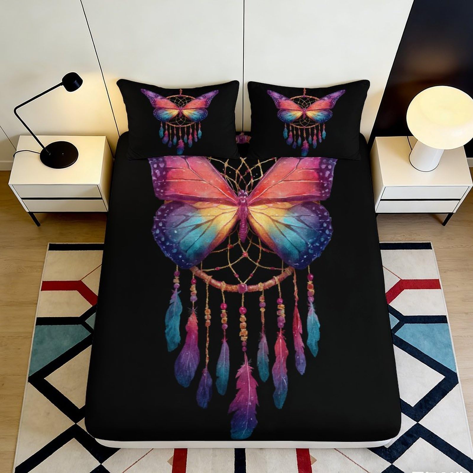 Pnayamiorkfel Style-2 3D Printed Butterfly Dreamcatcher Fitted Sheet Microfiber Soft Colourful Bed Cover For Bedroom Dorm Decor Protection 90X200x25cm