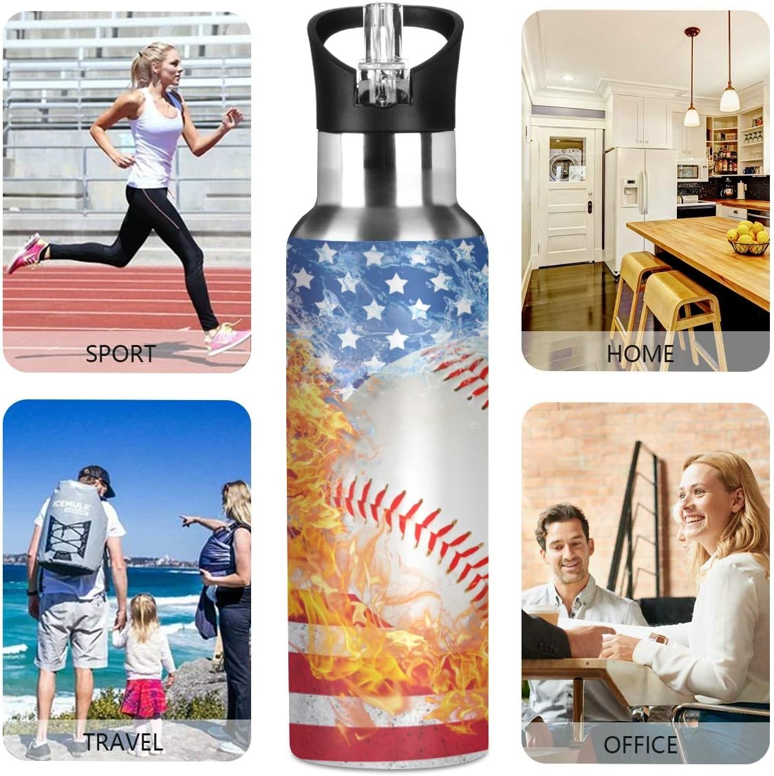 Blue Baseball US Flag Water Bottle with Straw Lid Boys Insulated Stainless Steel Water Flask Sports, 20 Oz Hot Cold - Image 6