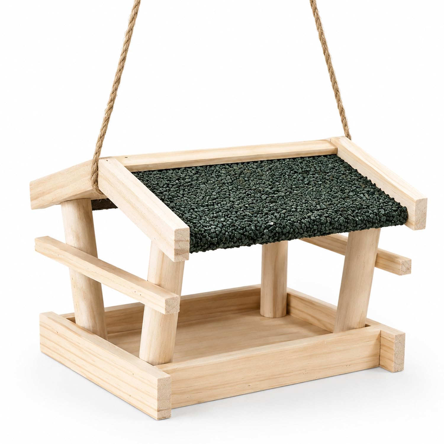 Greenfields Wooden Hanging Bird Feeder, Natural Wood Garden Bird Table with Rope, Open Feeding Tray and Pitched Roof, Decorative Wild Bird Feeding Station for Tree Branch Patio Balcony and Outdoor Use