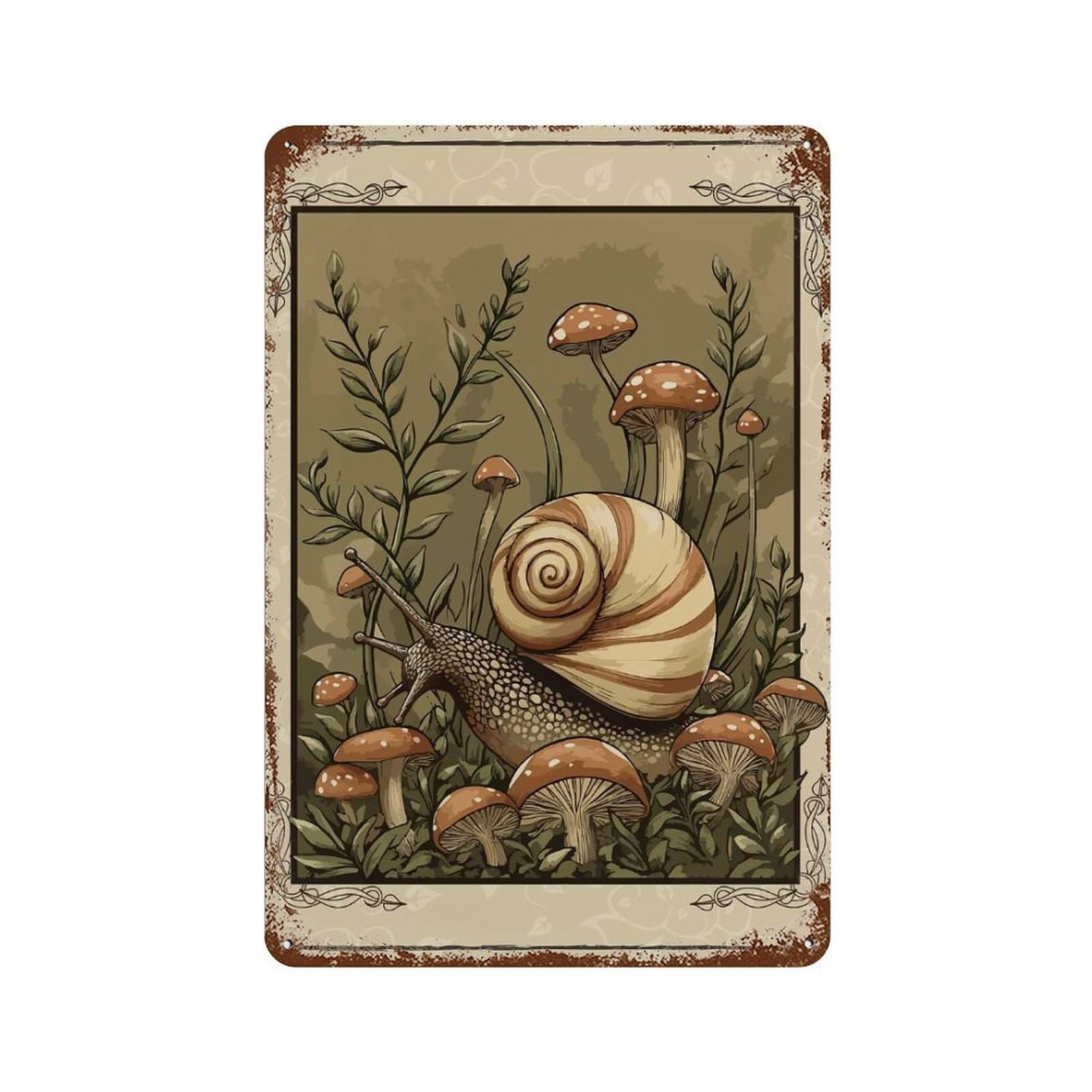 Rust Effect Snail And Mushrooms Cottagecore Aged Metal Wall Plaque 11.8"x7.9", Shabby Chic Decor for Basement, Hobby Room And Garage Decor