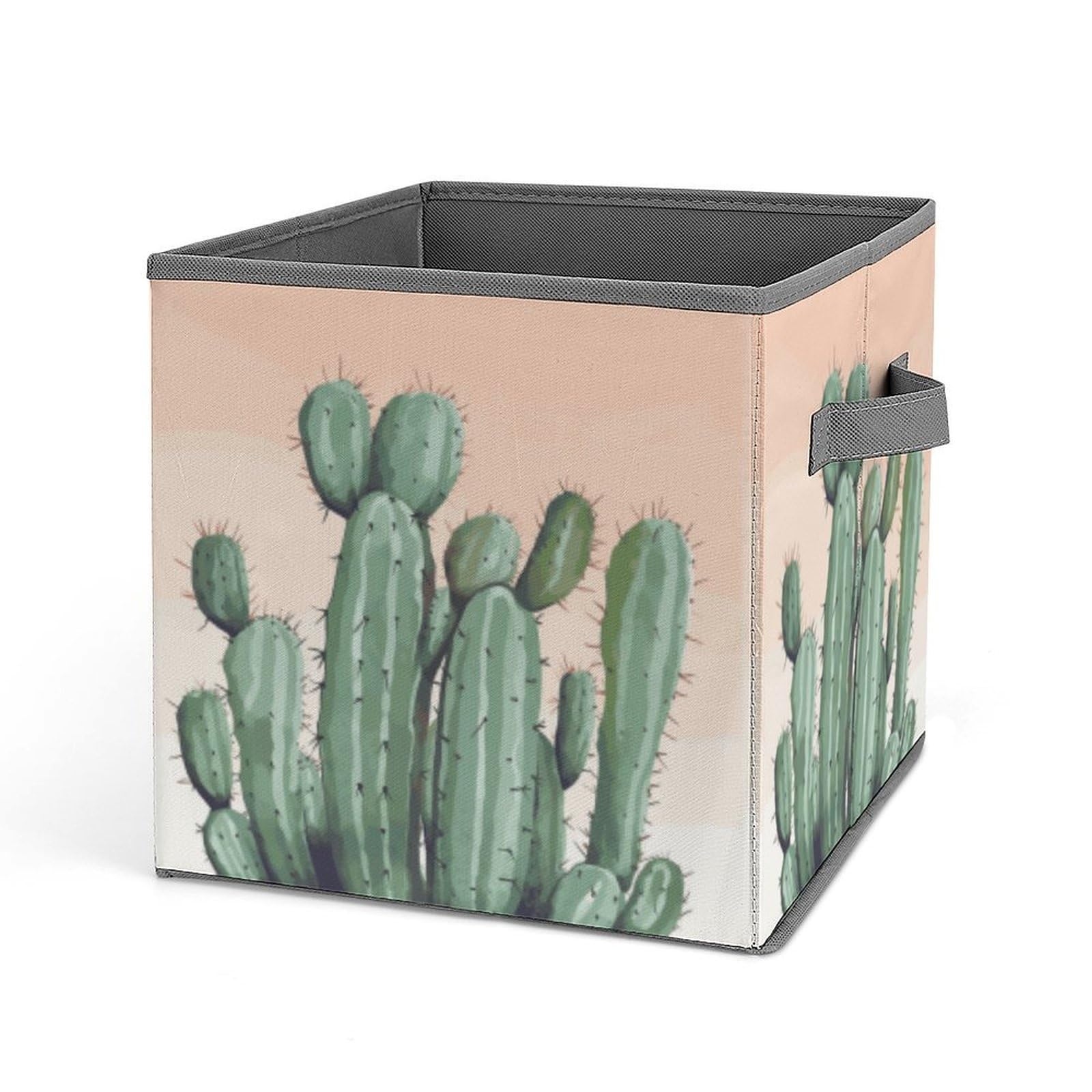 BTCOWZRV Watercolor Green Cactus Cube Storage Bins - 11 Inch Heavy Duty Fabric Closet Bins for Shelves, Cube Organizer - Collapsible Storage Boxes with Handle Decorative Clothing Storage Baskets