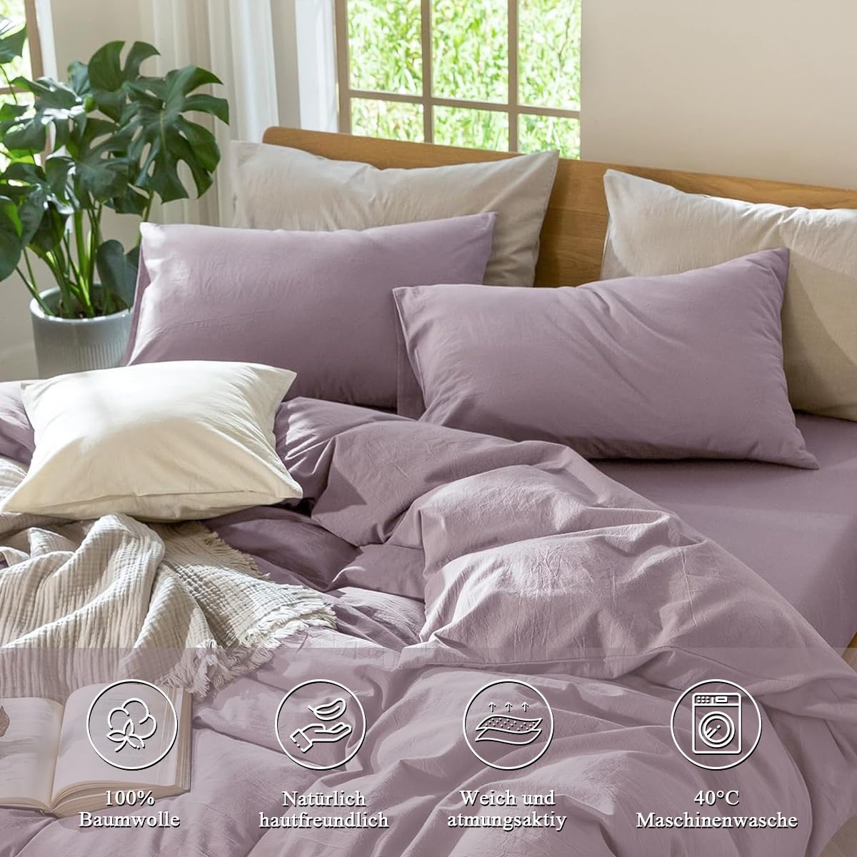Lanqinglv Pościel 220 x 240 cm, bawełna, zestaw pościeli Taro Purple z motywem Stone Washed, 1 poszwa na kołdrę 220 x 240 cm i 2 poszewki na poduszkę 80 x 80 cm, pościel z zamkiem błyskawicznym