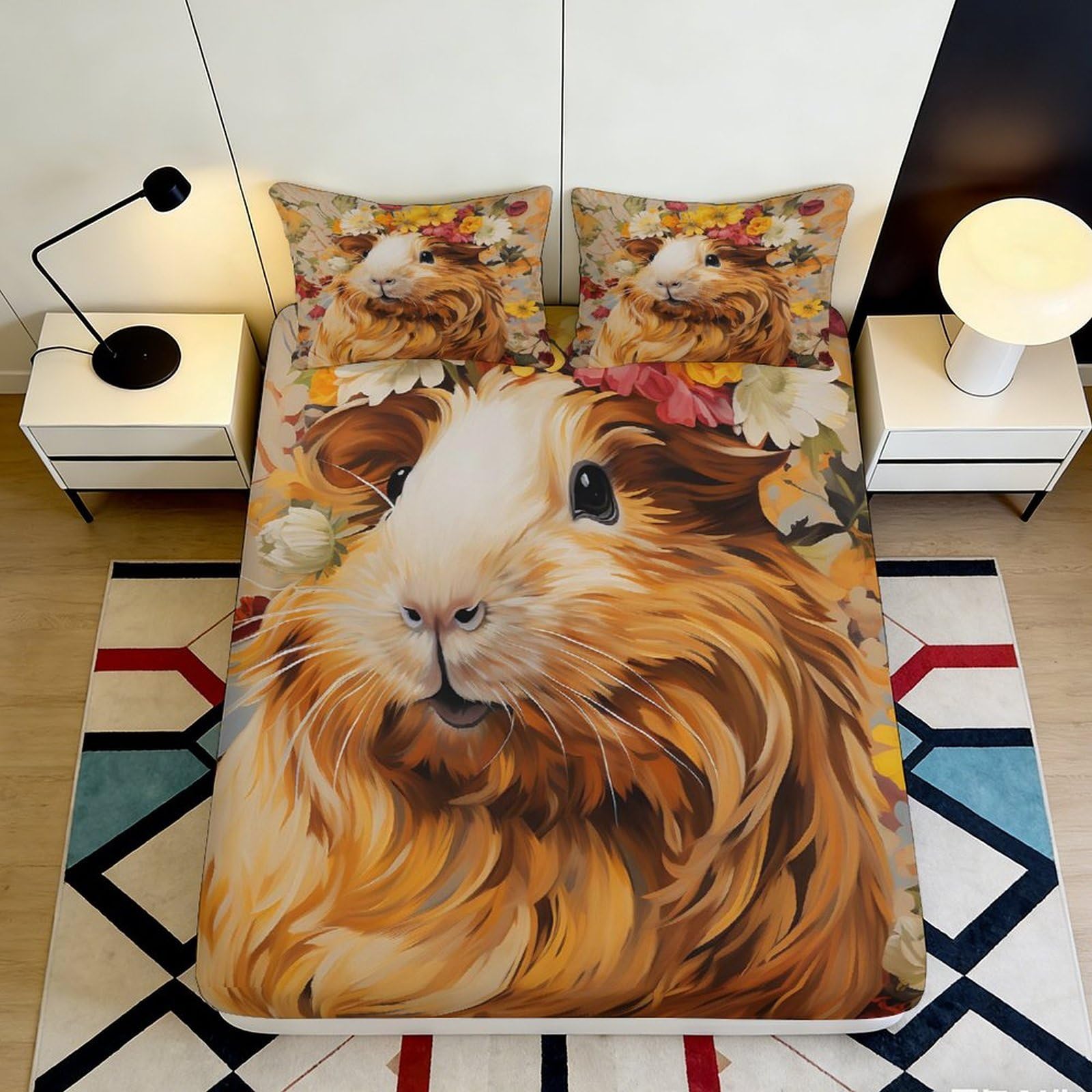 3D Printed Guinea Pig Fitted Sheet Microfiber Soft Animal Bed Cover for Bedroom Dorm Mattress Protection Decor 90x200x25cm