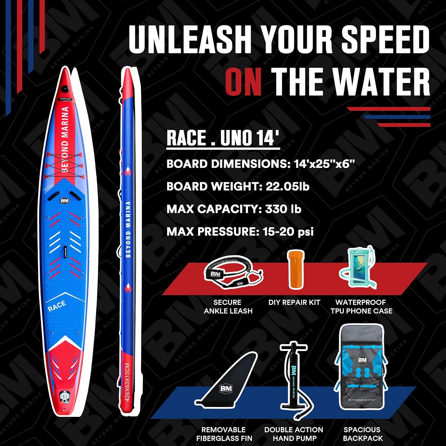 BEYOND MARINA SUP Stand Up Inflatable Paddle Board Racing Board | 12'6"/14' Race | with Action Camera Mount | Complete with All Accessories