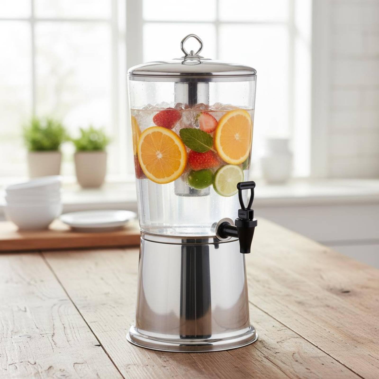 perfk Dispensador de Jugo Frío con Grifo Ergonómico Depósito de 8L Acero Inoxidable Cuerpo Transparente Estructura Desmontable Adecuado para Brunch Reuniones de Trabajo Restaurantes Hoteles