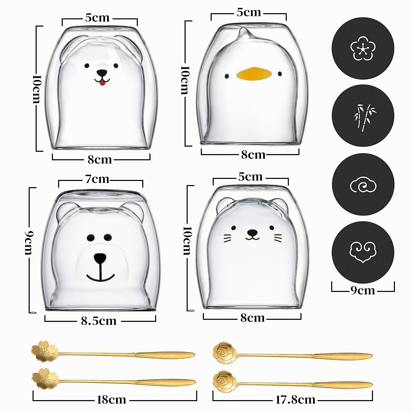 Set da 4 Pezzi Tazze per Gatti Carine in Vetro a Doppia Parete, Simpatica Tazza per Animali Con 4 Cucchiai e 4 Sottobicchieri, Tazza di Caffè Resistente al Calore