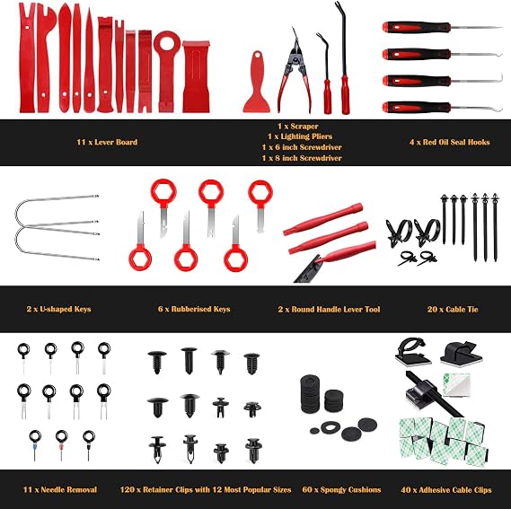 280Pcs Car Trim Removal Tool Kit Include Plastic Pry Tool, Clip Pliers, Hook Pick,Stereo Radio Removal Keys for Removing Panel, Door Panel,Radio,Stereo (High Hardness, No Damage to the Car)