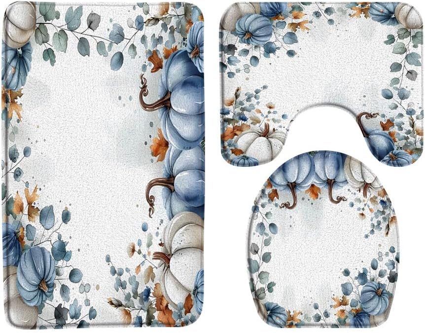 Autumn Pumpkin Bath Mat Set 3 Piece Blue Gray Pumpkin Eucalyptus Leaves Fall Farmhouse Plant Vine Rustic Harvest Thanksgiving Bathroom Rug Contour Mat Toilet Seat Cover Home Decor 20X32Inch