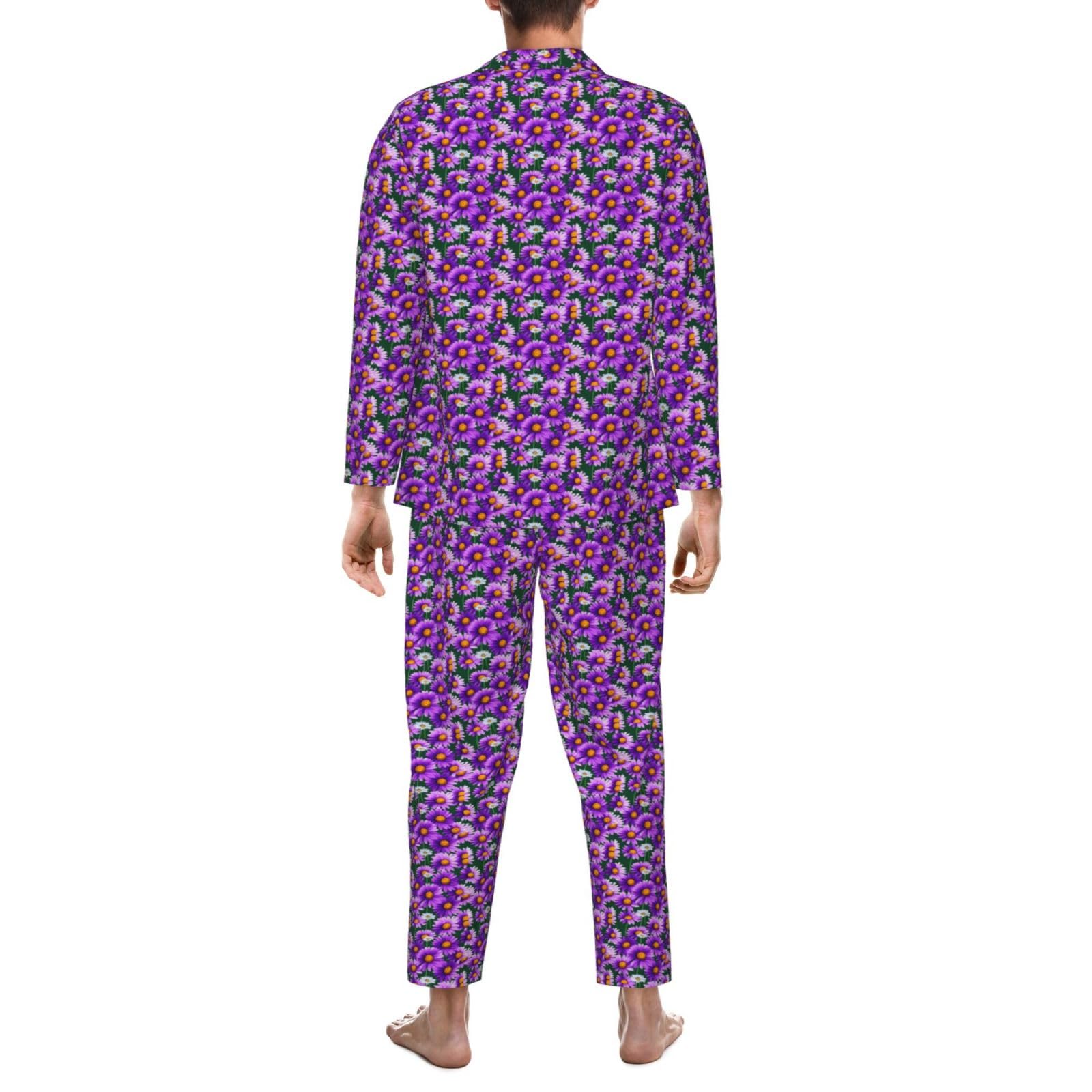 Herren-Pyjama-Set, langärmelig, mit Gänseblümchen-Aufdruck, zweiteilig, bequem, Nachtwäsche, Violett