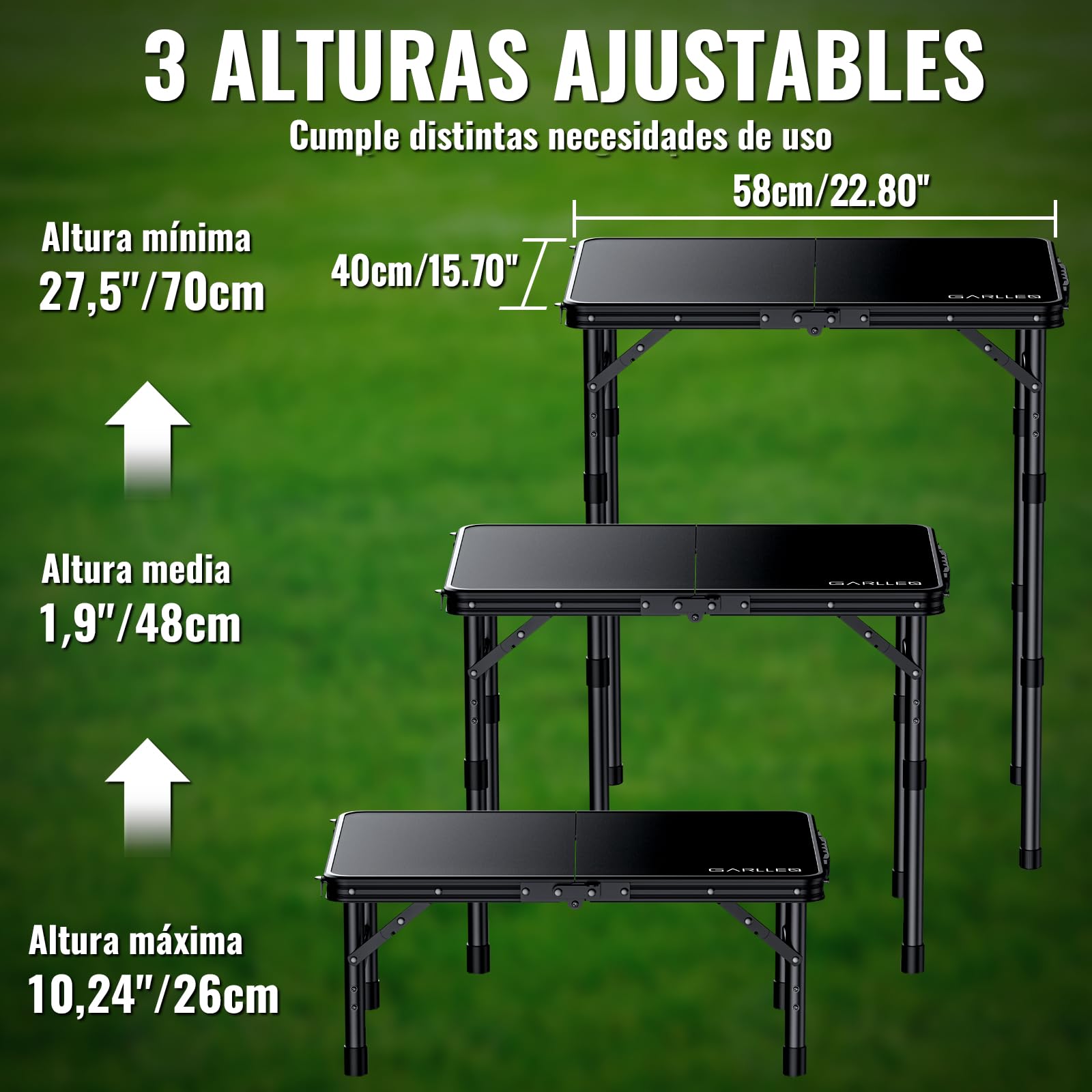 GARLLEN Mesa Plegable de Camping, ABS y Aleación de Aluminio, 58x40 cm, 3 Alturas Ajustables, Ligera y Compacta, para Barbacoa, Picnic y Trabajo