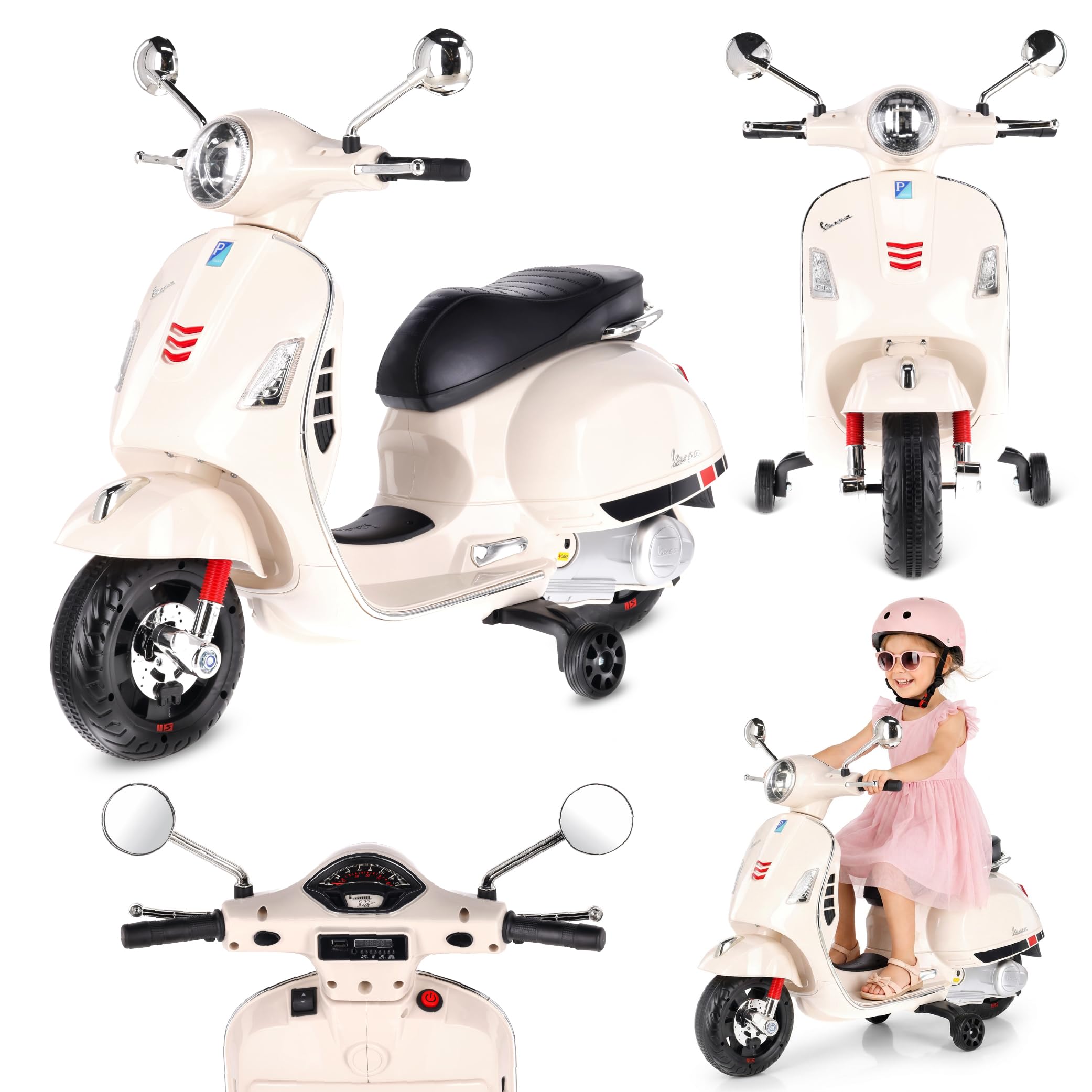 sun baby Kids ride on motorcycle Vespa from age 3, plastic wheels and seat, mp3 player (White - without a trunk)