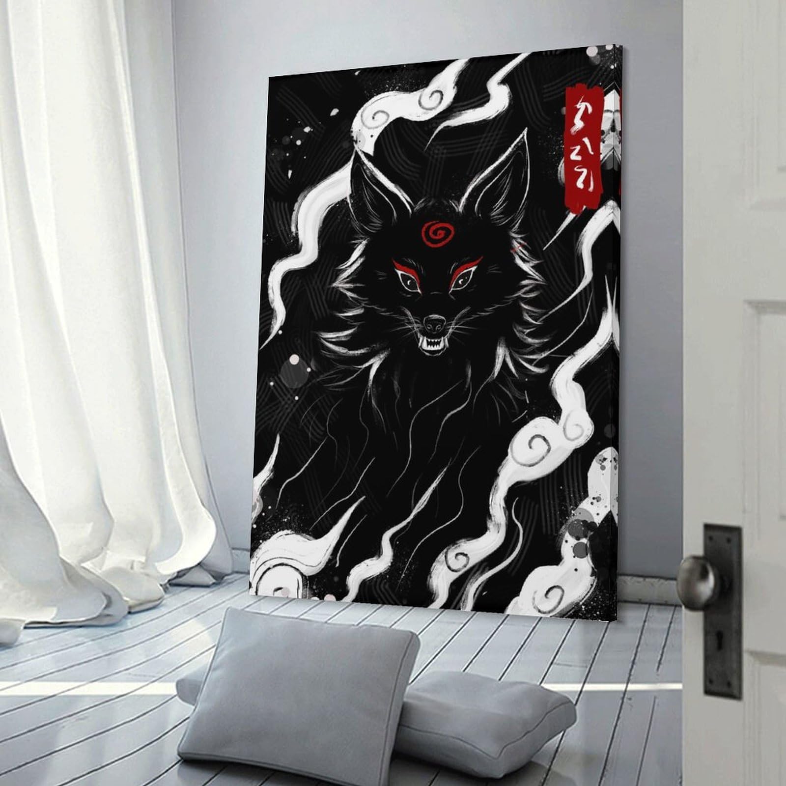 Junmoney Black Wolf with Red Markings Illustration Canvas Art Print, 16x24inch(40x60cm), for Bedrooms, Workspaces And Everyday Interiors, A Flexible Wall Accent for Shared Spaces