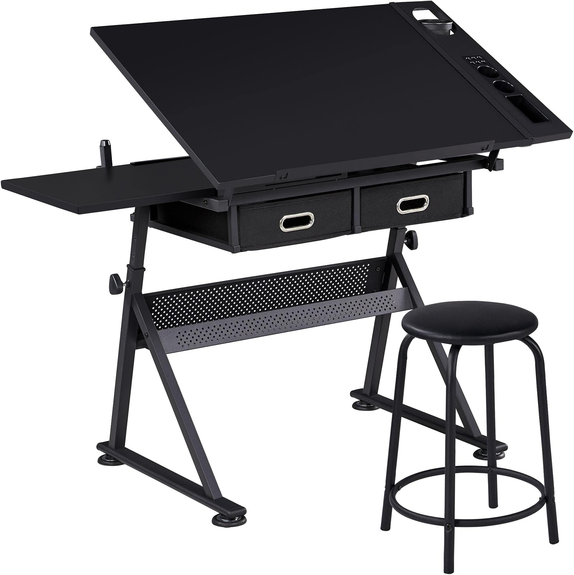 Yaheetech Adjustable Drafting Table, Tiltable Drawing Tabletop with Storage Drawers, Drawing Table Art/Craft Desk with Stool, 120.5x60x(69.5-92.5) cm