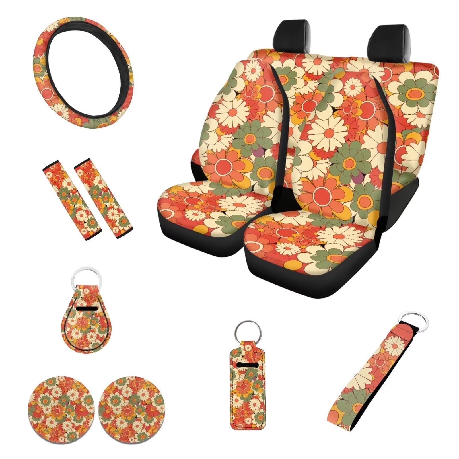 FUIBENG Groovy Flower Car Seat Cover for Women 12 Pcs，Beauty Hippie Floral Boho Coaster+15Inch Auto Steering Wheel Wrap+Keychains+Seatbelt Pads