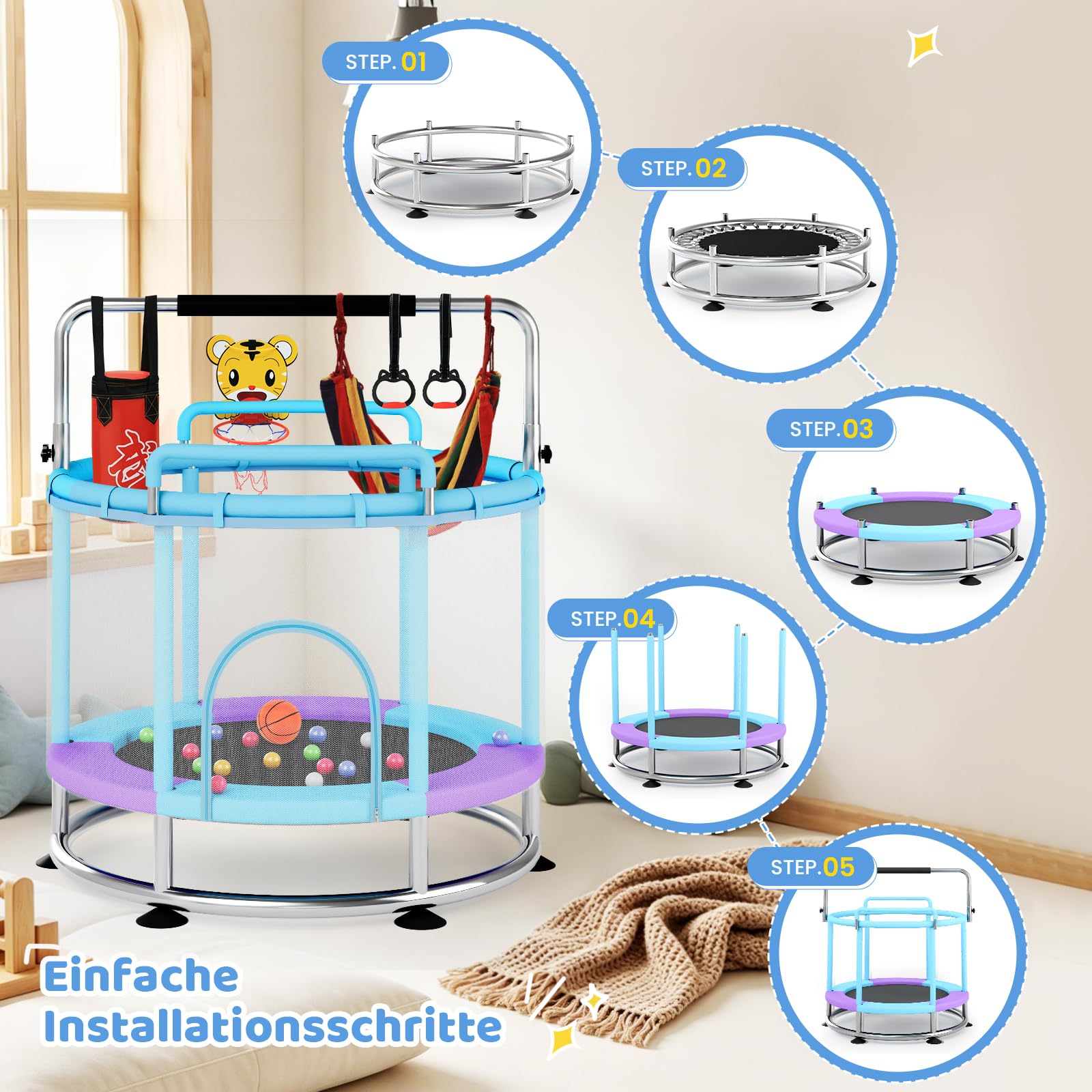Trampolino per bambini, 150 cm, trampolino per bambini, per interni fino a 250 kg, asta regolabile in 3 posizioni, rete di sicurezza, base antiscivolo, altalena, sacco di sabbia